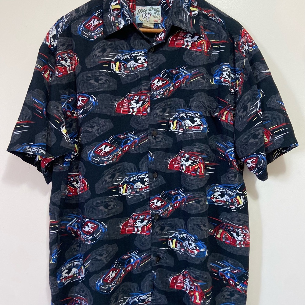 Vintage Authentic Big Dogs Classic Racing Car Print Button Up Shirt